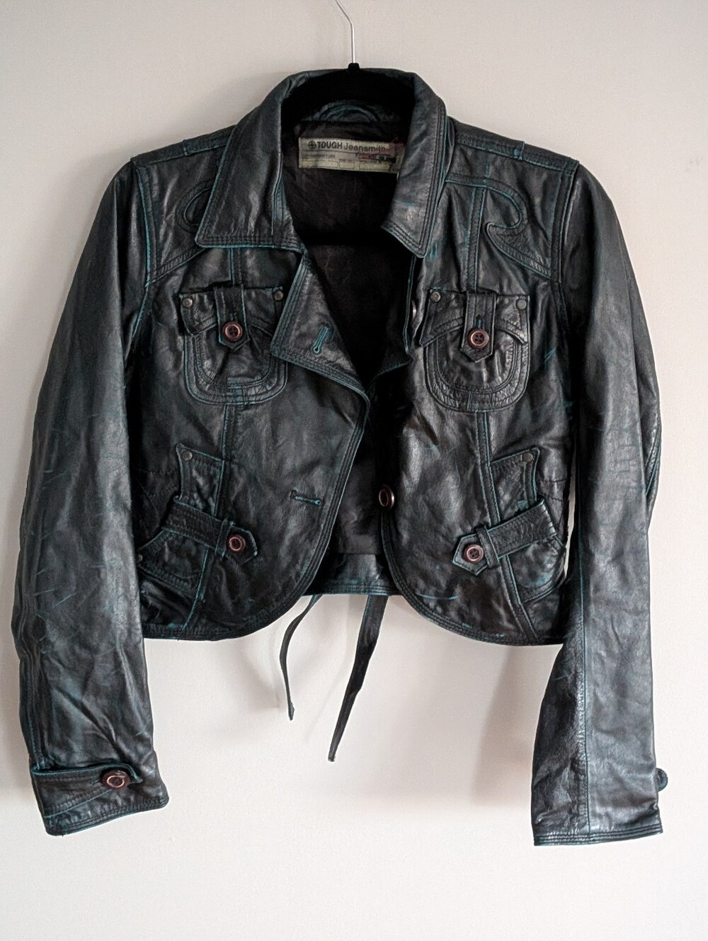 Rare Vintage TOUGH Jeansmith Distressed Buffalo Leather Jacket Two Tone Cyan S